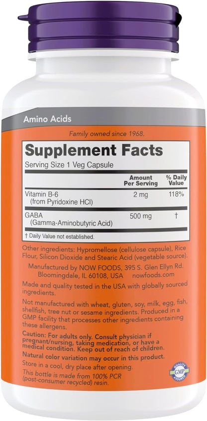 NOW GABA 500 mg Capsules – Stress Relief, Vegan, Kosher, 300 Capsules