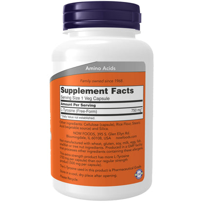 NOW Supplements L-Tyrosine 750 mg – Supports Mental Alertness & Neurotransmitter Health | 90 Veg Capsules