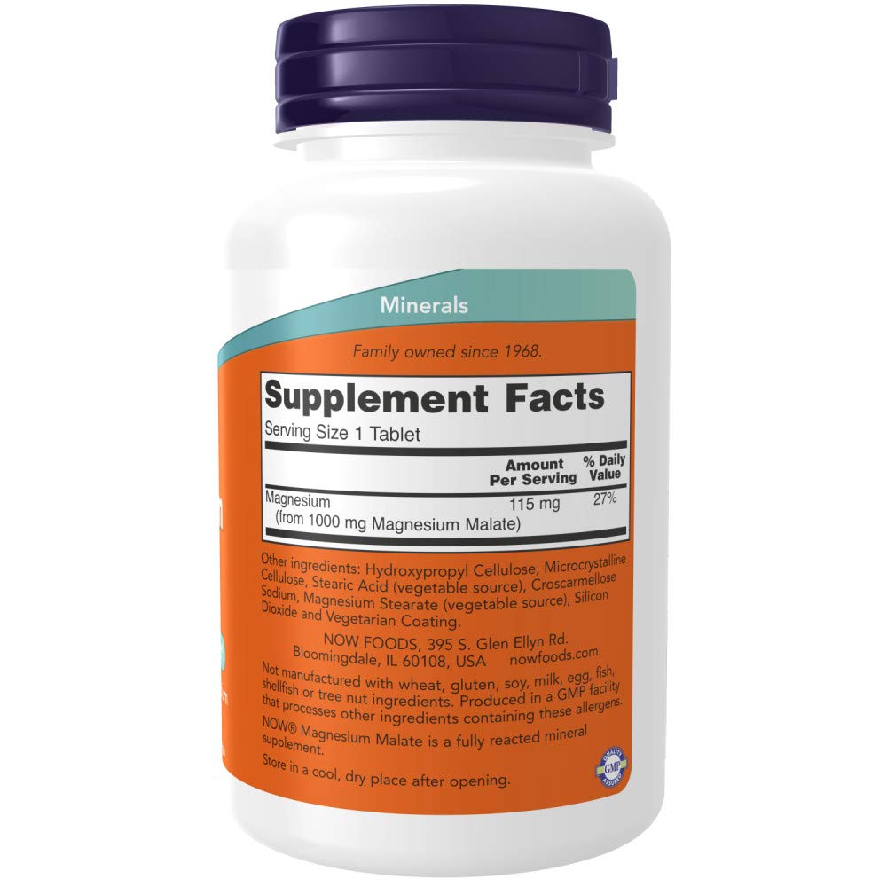 NOW Magnesium Malate 1000mg | 180 Tablets (Pack of 2) – Energy & Nerve Support