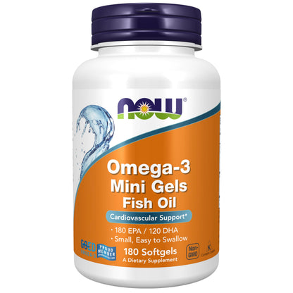 NOW Supplements Omega-3 Mini Gels - 180 EPA/120 DHA, Molecularly Distilled, Cardiovascular Support*, 180 Softgels