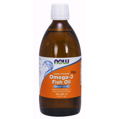 NOW Supplements Omega-3 Fish Oil Liquid Lemon Flavor, Molecularly Distilled, 16.9 oz