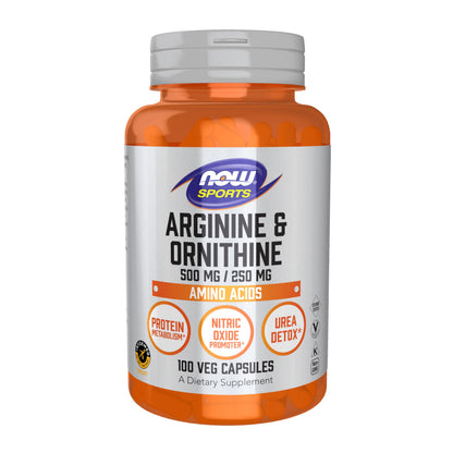 NOW Sports Arginine & Ornithine 500/250 mg – 100 Veg Capsules | Amino Acids