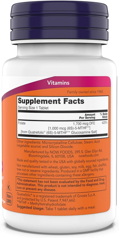 NOW Supplements Methyl Folate 1,000 mcg – Metabolically Active Folate, Co-Enzyme B Vitamin, 180 Tablets