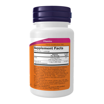 NOW Supplements Vitamin B-12 1000 mcg with Folic Acid – 100 Chewable Lozenges