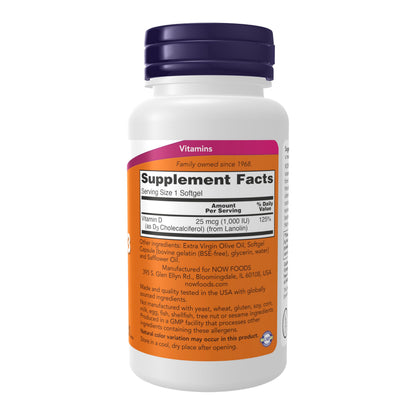 NOW Supplements Vitamin D-3 1,000 IU Softgels | High Potency