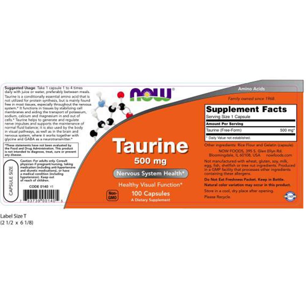 NOW Taurine 500mg, 100 Capsules (Pack of 3) | Taurine Supplement