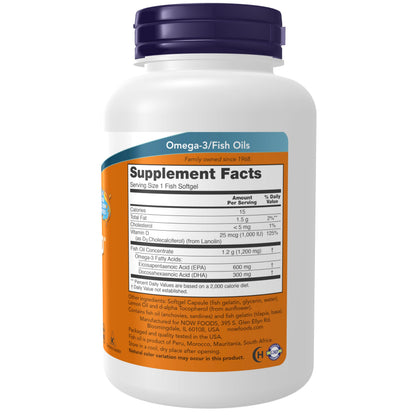 NOW Ultra Omega 3-D | Omega-3 Fish Oil + Vitamin D-3, 600 mg EPA / 300 mg DHA, 90 Softgels