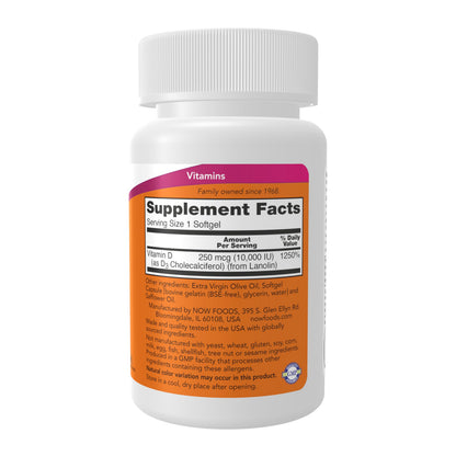 NOW Foods Vitamin D-3 10,000 IU Softgels - 120 Count | Immune & Bone Support