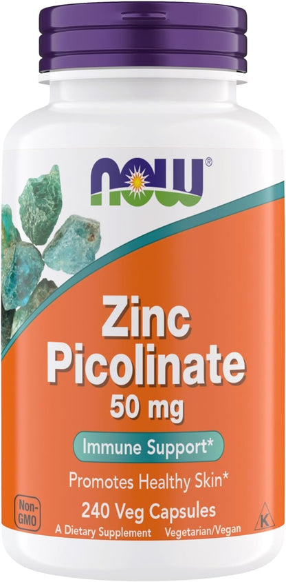 NOW Zinc Picolinate 50 mg – Immune Support, Enzyme Function, 240 Veg Capsules (Non-GMO, Kosher, Vegan)