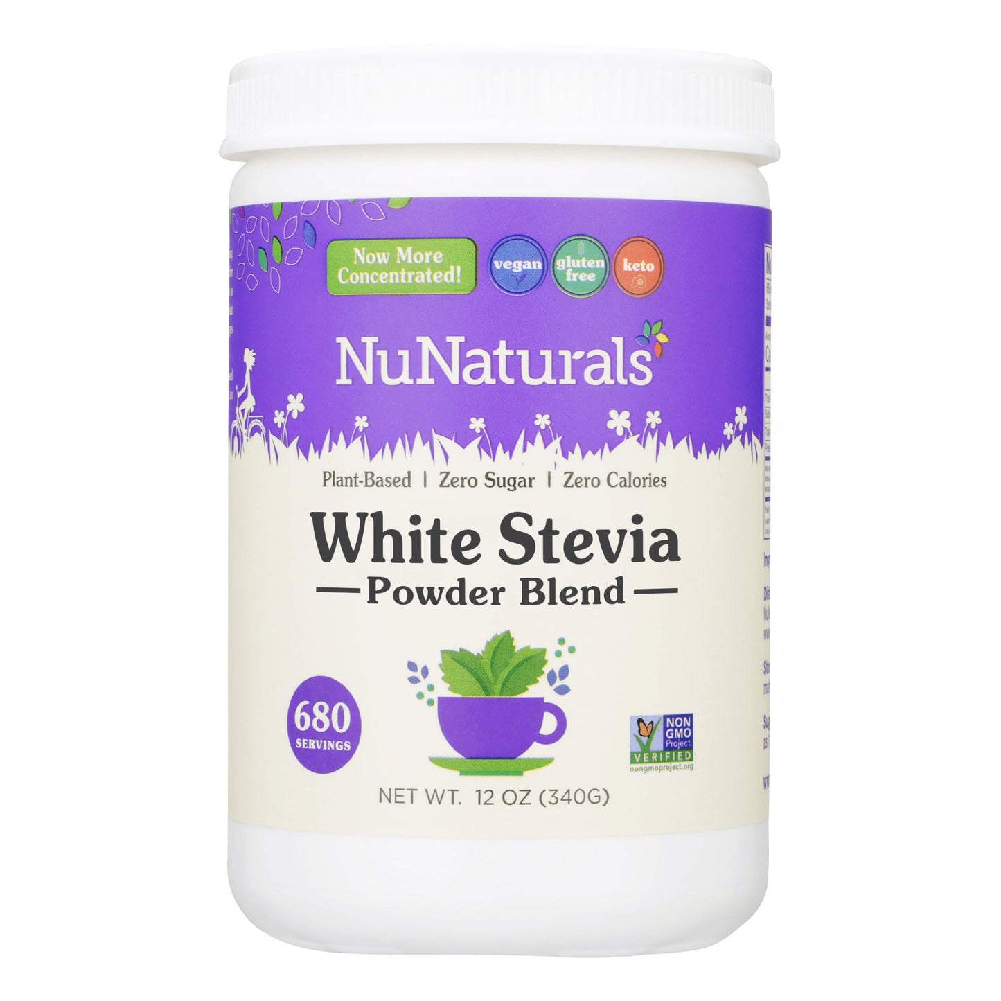 NuNaturals White Stevia Powder Blend — Zero-Calorie Plant-Based Sweetener, 12 oz