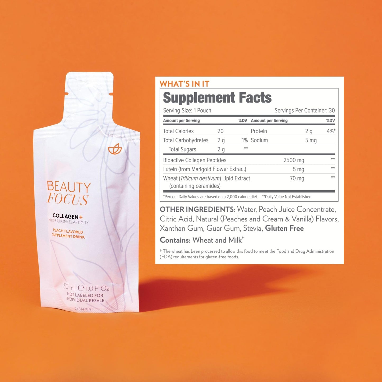 Beauty Focus Collagen Plus – Peach Flavor | 1.0 oz, 30 Packets | Skin Hydration & Hair Support