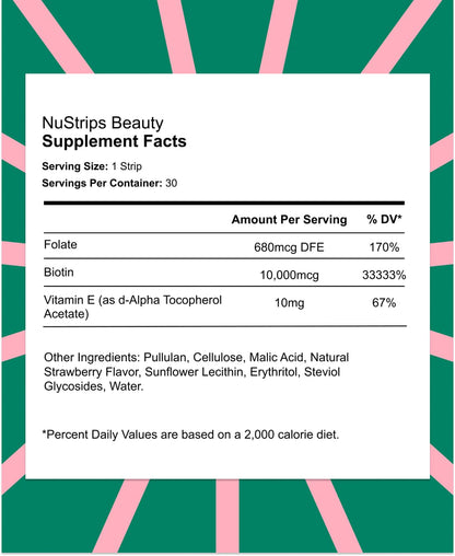 NuStrips Beauty Strips – Biotin, Folate & Vitamin E for Hair, Skin & Nails