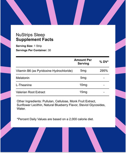 NuStrips Sleep Strips – 5mg Melatonin, Valerian, L-Theanine & B6 (Blueberry) | Vegan, Non-GMO