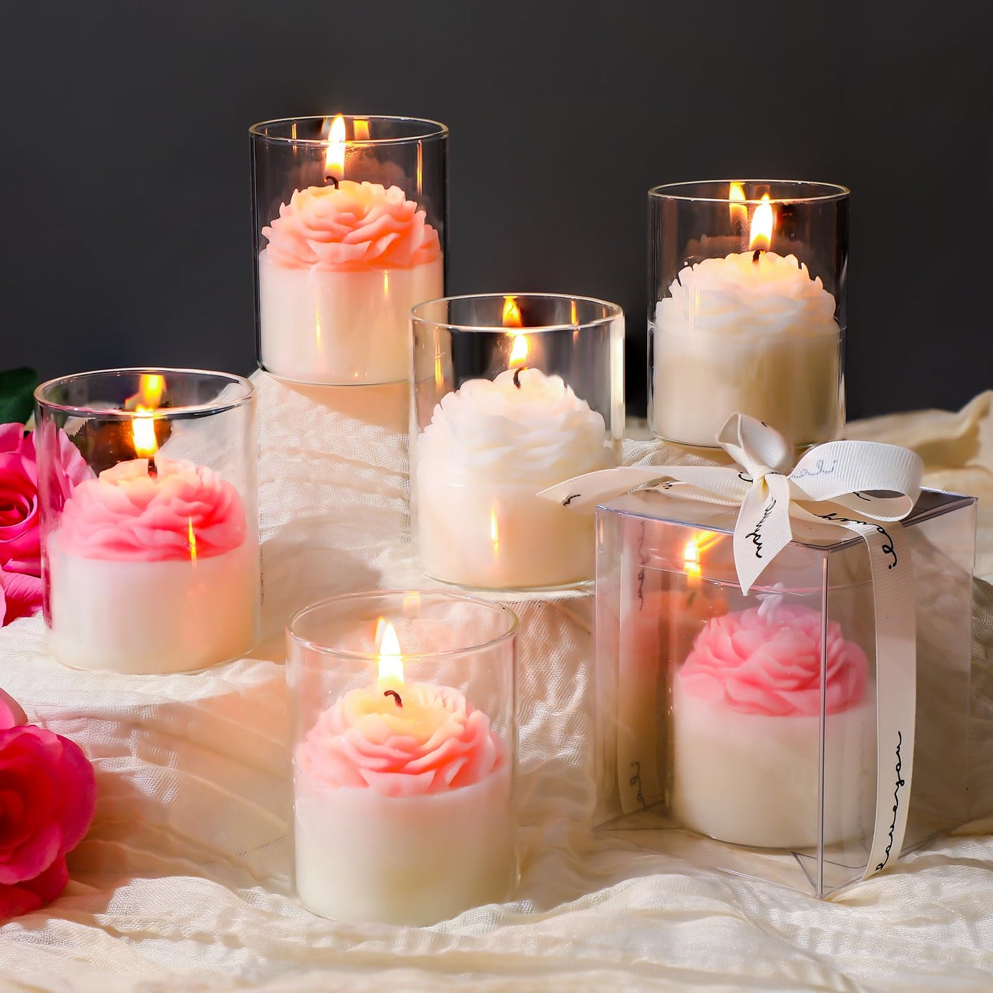 Nuanchu 6 Pack Flower Jar Candles – Lavender Scented Rose Floral Soy Candles for Weddings, Bridesmaids Gifts, and Home Decor