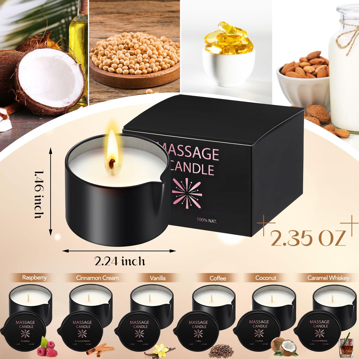 Nuanchu 6 Pcs Massage Oil Candles – 2.35 oz Soy-Based Low-Temp Aromatherapy Gift Set