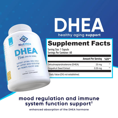 NuEthix DHEA 25mg for Women & Men - Grapefruit Extract, 60 Servings, Sugar Free, Gluten Free, Non-GMO
