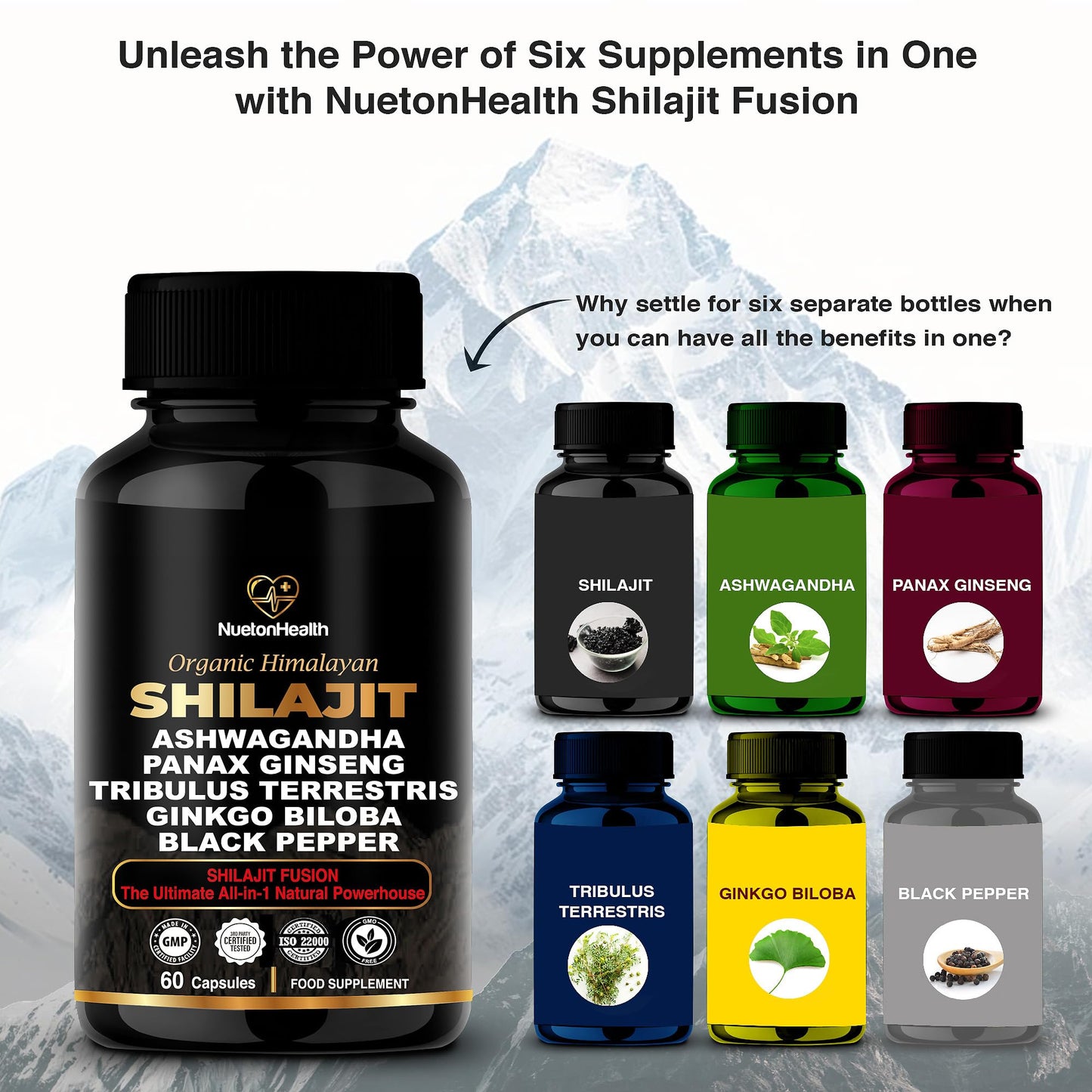 NuetonHealth Shilajit Fusion Capsules – Vegan, Gluten-Free Vitality Blend