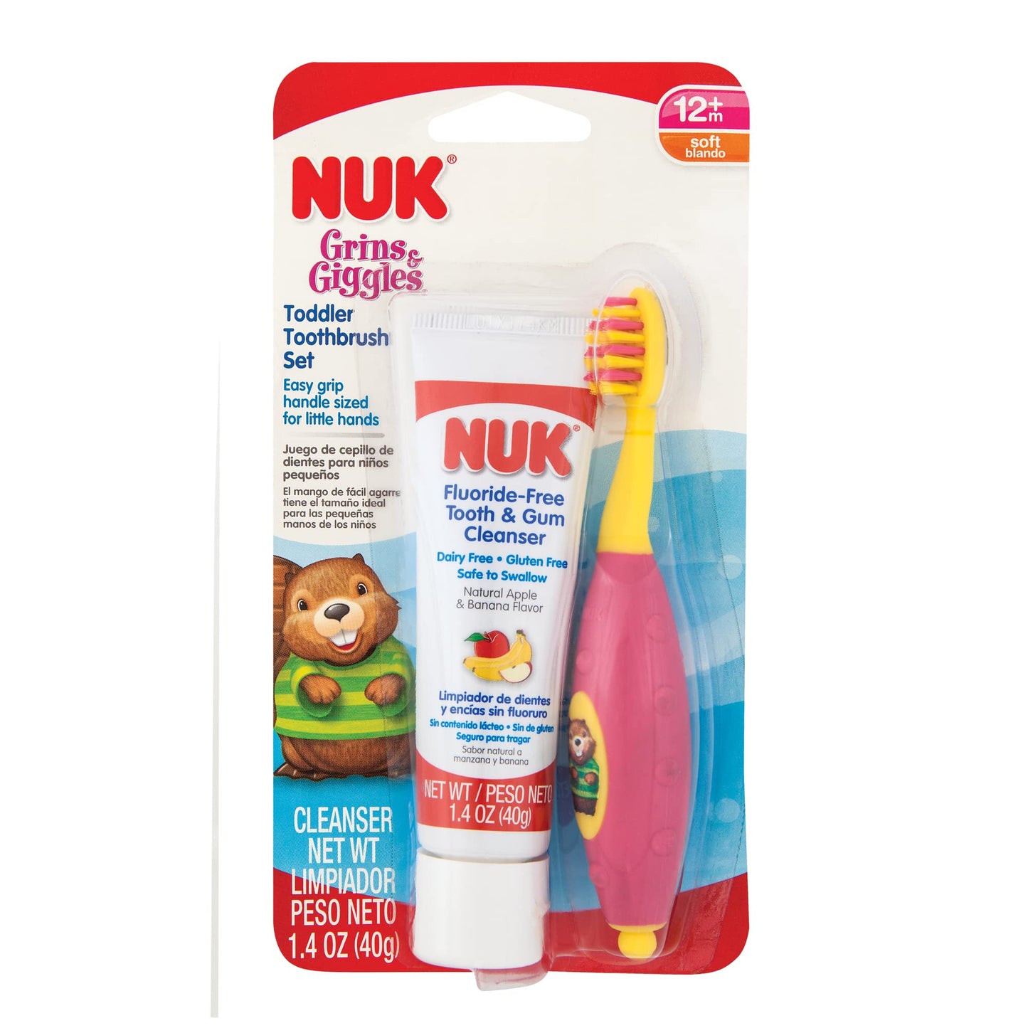 NUK Toddler Tooth & Gum Cleanser with Toothpaste – Fluoride Free, 12m+, Mixed Berry (Colors May Vary)