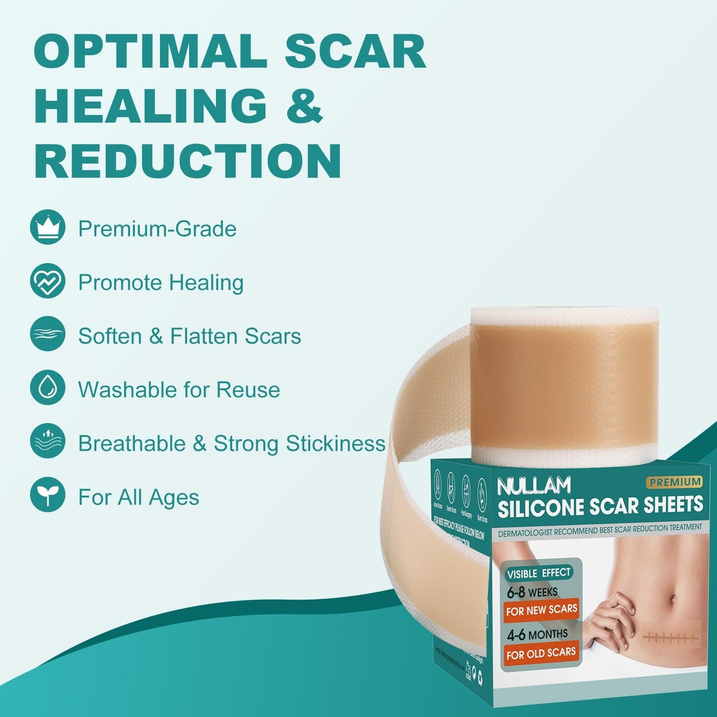 Nullam Silicone Scar Sheets & Tape Roll (1.6 x 59 in) for Surgical, C-Section & Keloid Scars