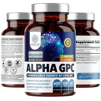 Number One Nutrition Premium Alpha GPC Choline Capsules 600mg – Natural Brain Support for Focus, Memory, Clarity & Energy | 120 Veg Caps