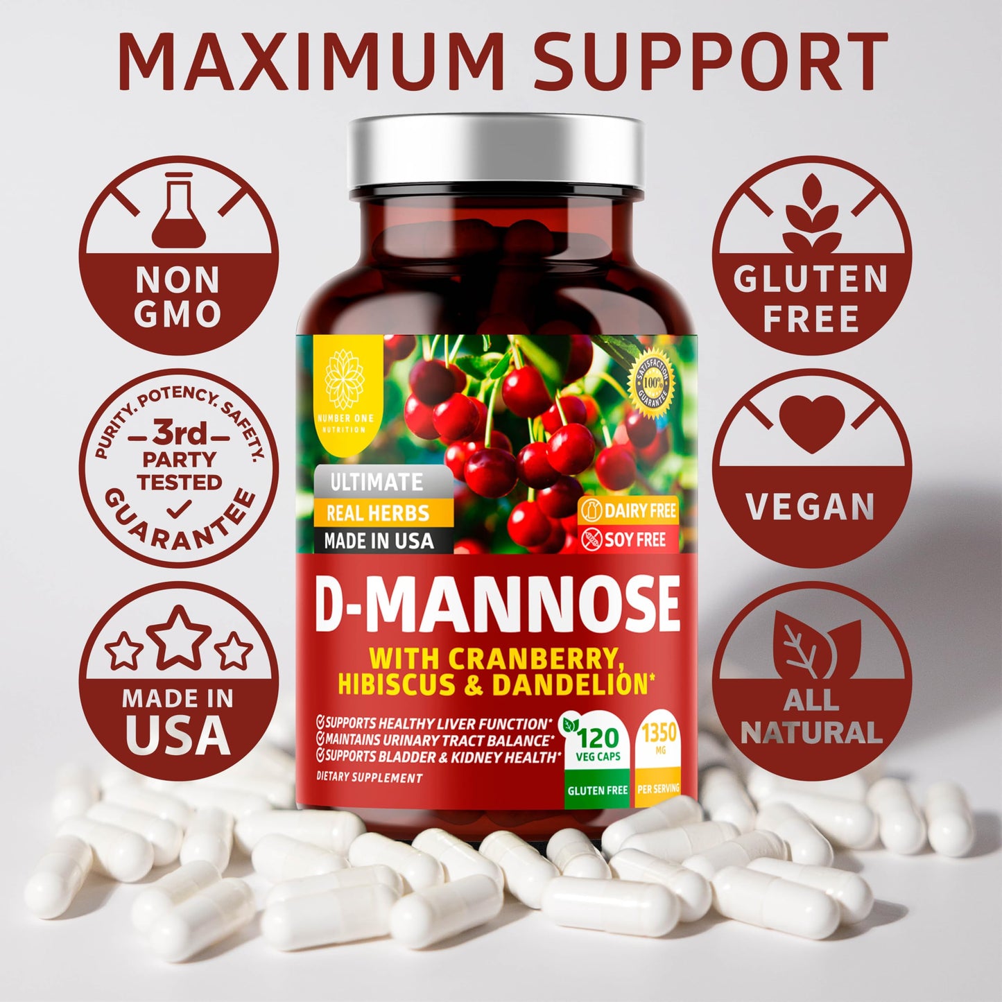 Number One Nutrition D-Mannose 1350mg – Urinary Tract Health, 120 Count