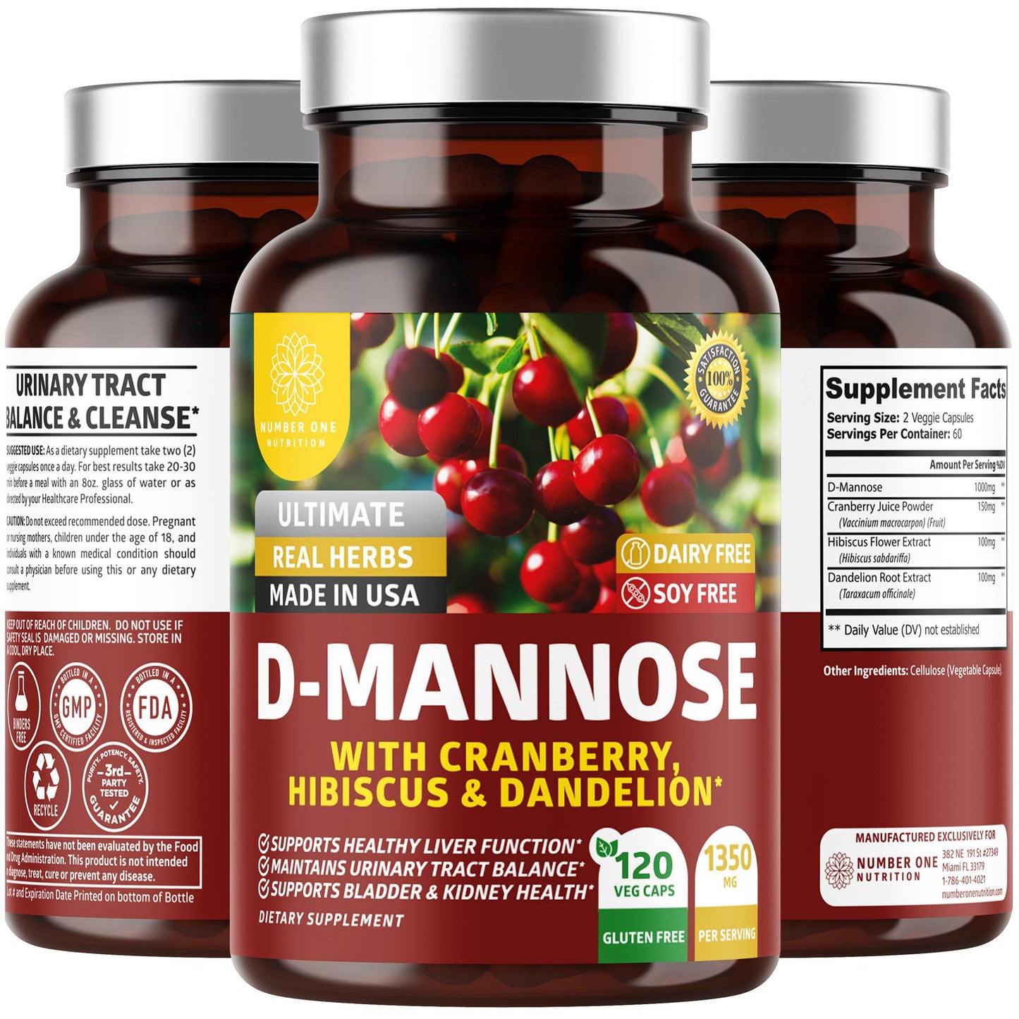 Number One Nutrition D-Mannose 1350mg – Urinary Tract Health, 120 Count