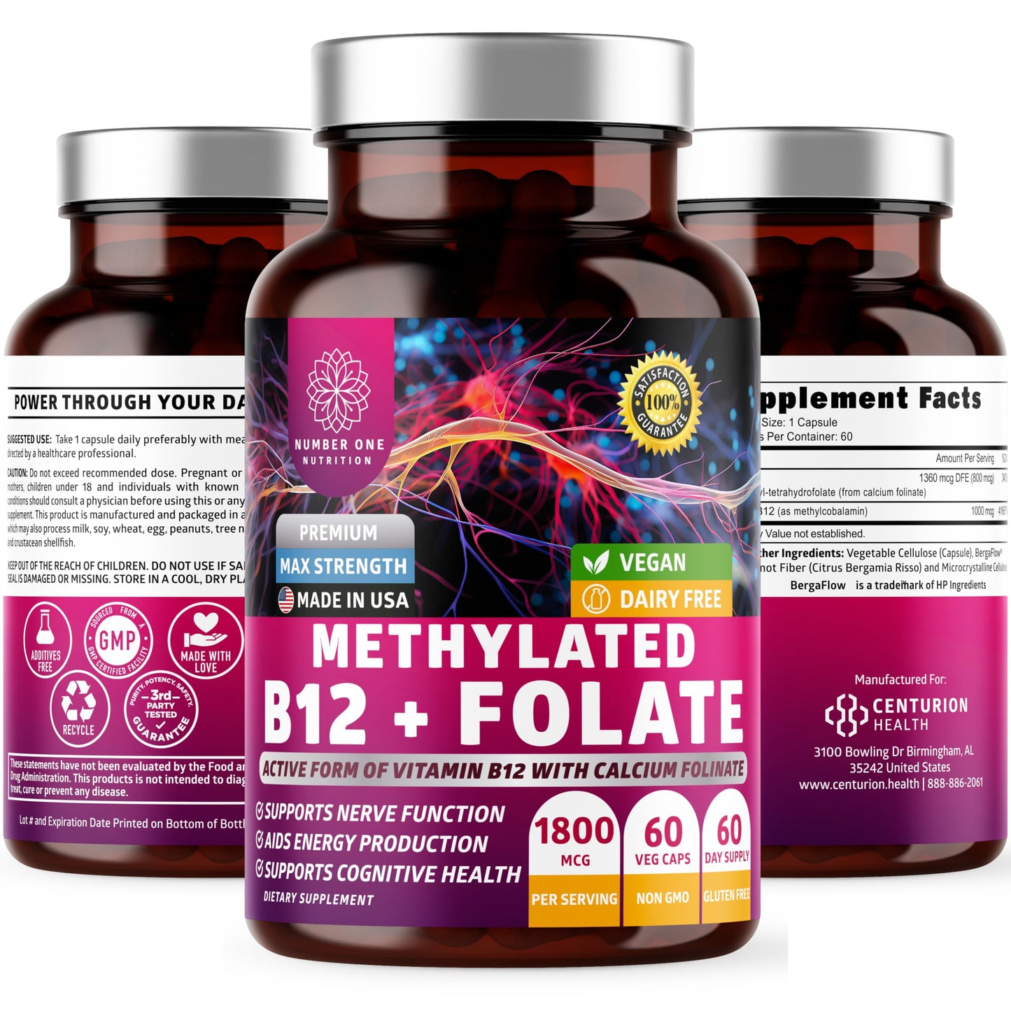 Number One Nutrition Premium Methylated B12 + Folate Supplement for Energy, Cognition, and Nerve Support | 60 Vegan Capsules, Non-GMO & Gluten-Free