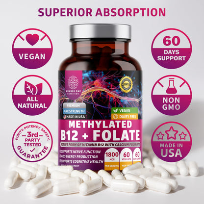 Number One Nutrition Premium Methylated B12 + Folate Supplement for Energy, Cognition, and Nerve Support | 60 Vegan Capsules, Non-GMO & Gluten-Free