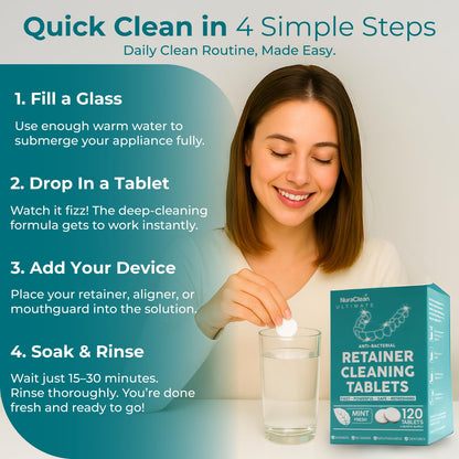 NuraClean Ultimate Retainer Cleaner Tablets – 120 Count | Braces, Mouthguards & Dentures