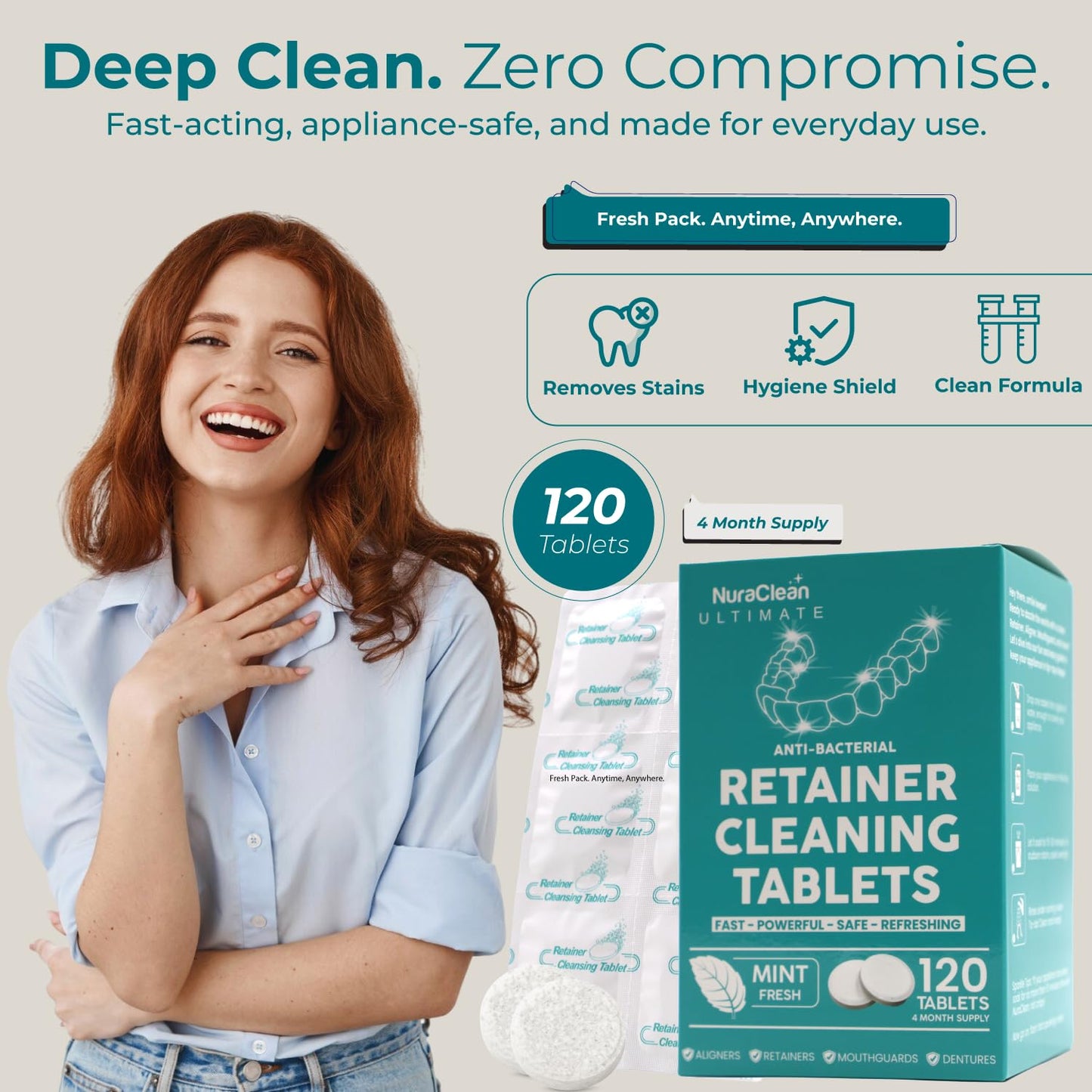 NuraClean Ultimate Retainer Cleaner Tablets – 120 Count | Braces, Mouthguards & Dentures