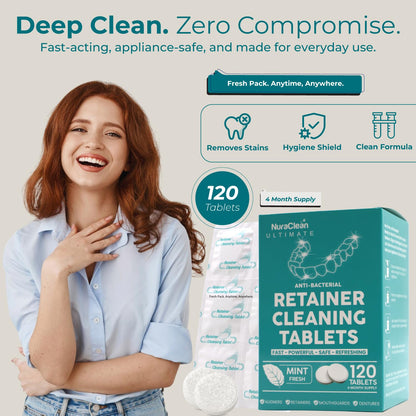 NuraClean Ultimate Retainer Cleaner Tablets – 120 Count | Braces, Mouthguards & Dentures