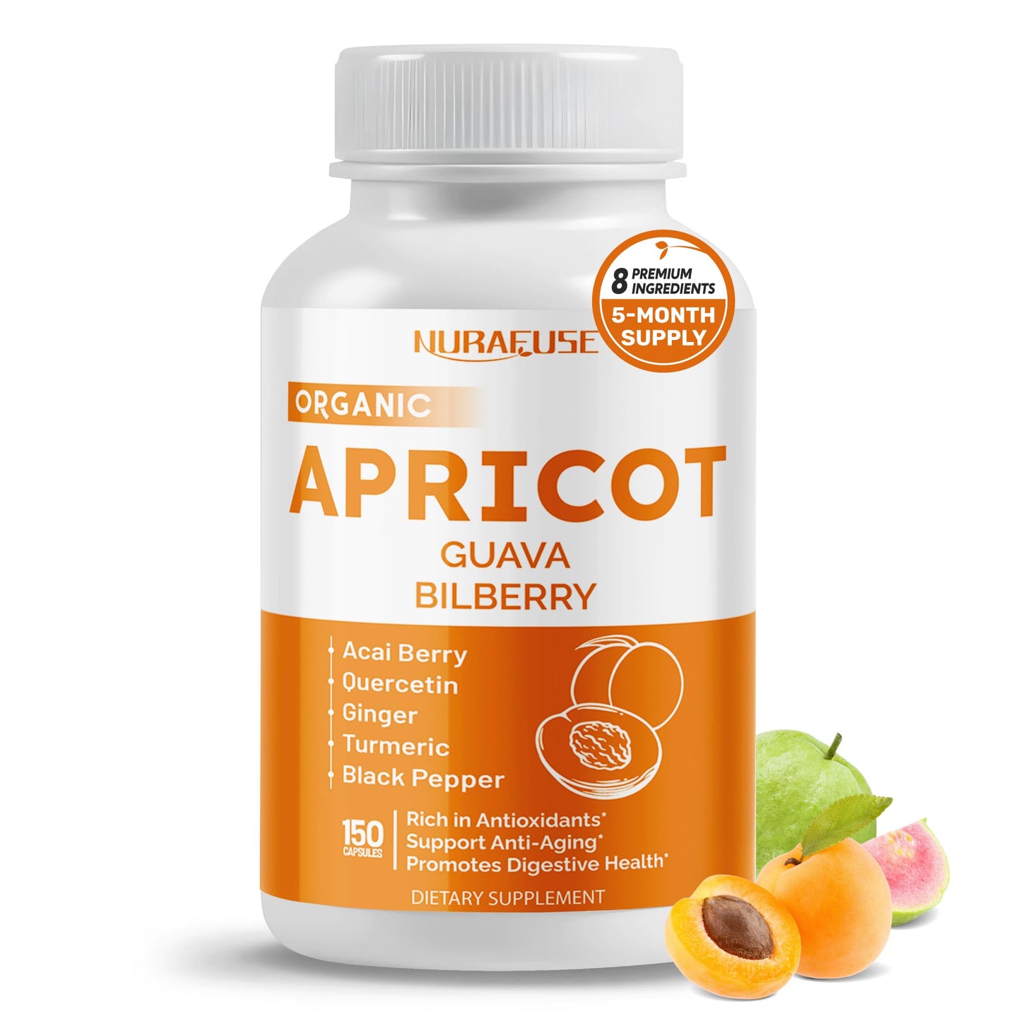 NURAFUSE 8-in-1 Apricot, Amla & Bilberry – Antioxidants for Anti-Aging & Digestive Health | 150 Capsules