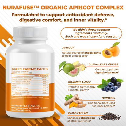 NURAFUSE 8-in-1 Apricot, Amla & Bilberry – Antioxidants for Anti-Aging & Digestive Health | 150 Capsules