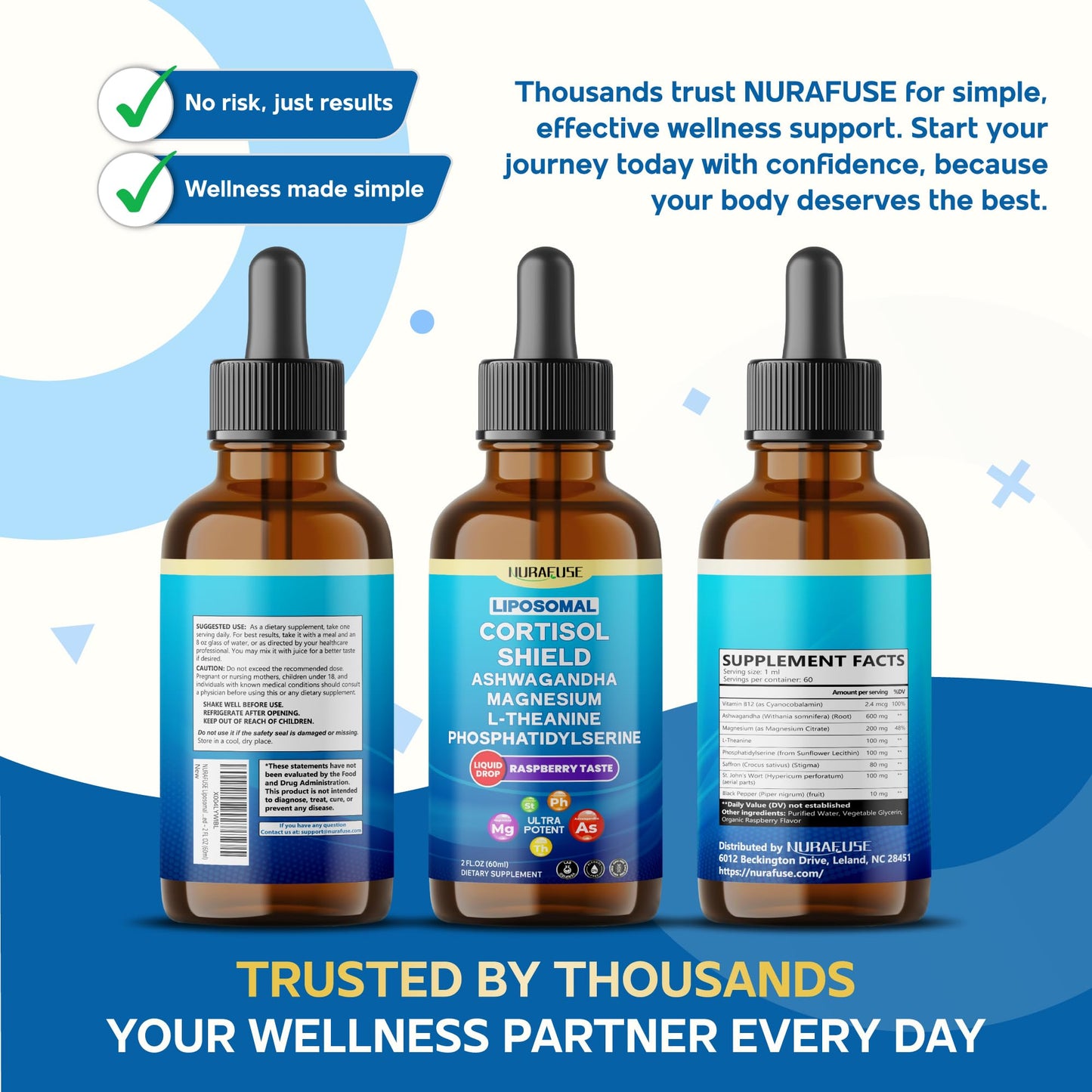 NURAFUSE Liposomal Cortisol Shield, 60ml (2 FL OZ) – USA Made with Ashwagandha, Magnesium, L-Theanine, Phosphatidylserine, St. John’s Wort