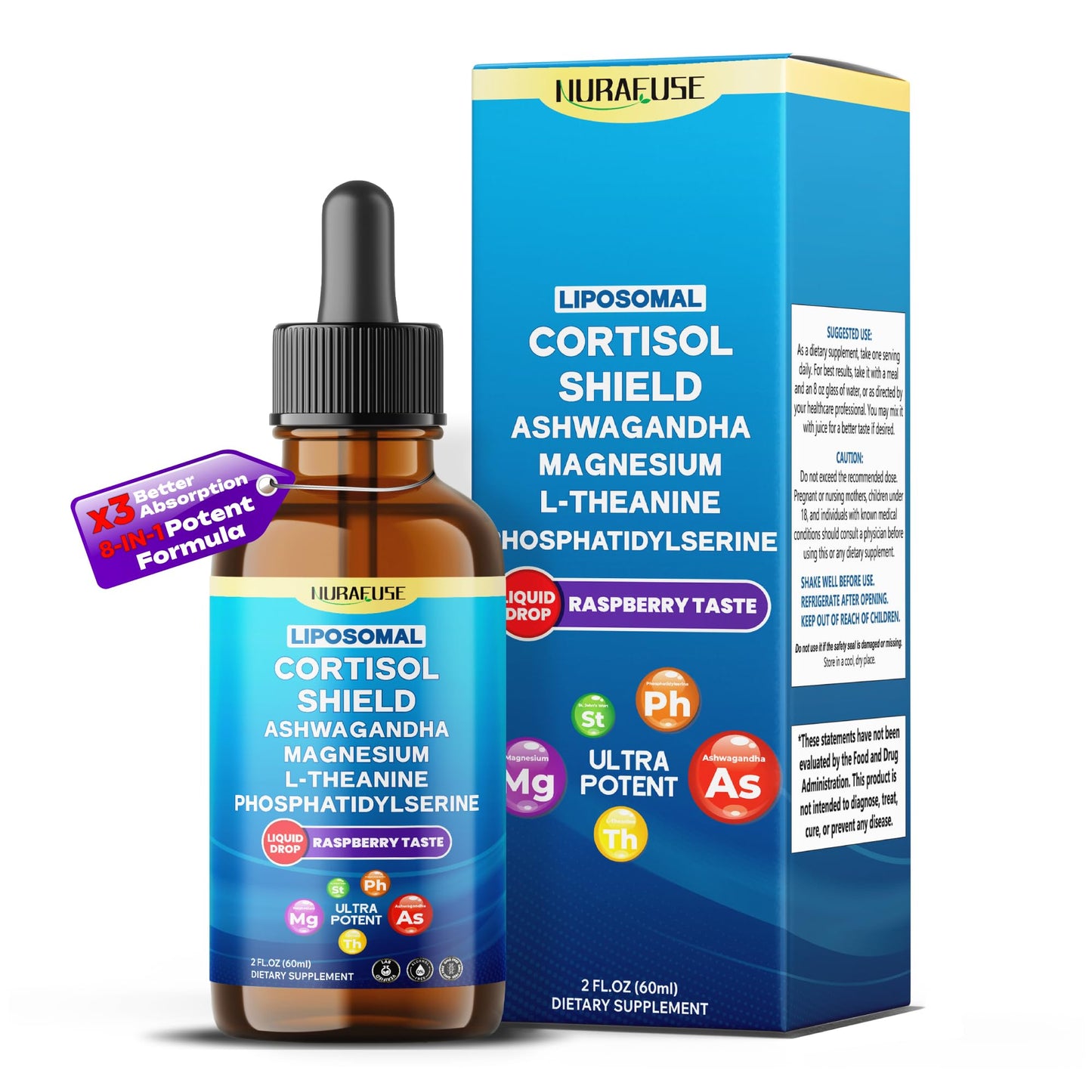 NURAFUSE Liposomal Cortisol Shield, 60ml (2 FL OZ) – USA Made with Ashwagandha, Magnesium, L-Theanine, Phosphatidylserine, St. John’s Wort