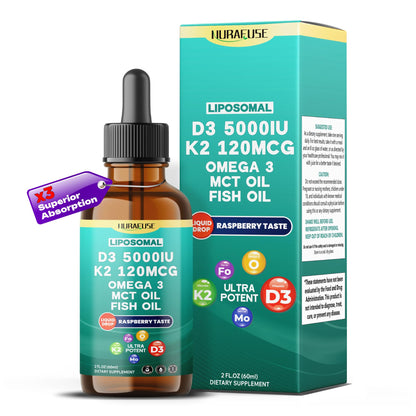 NURAFUSE Liposomal D3-K2-Omega Drops | 5000IU D3, 120mcg K2, Raspberry Flavor | USA Made, 2 fl oz