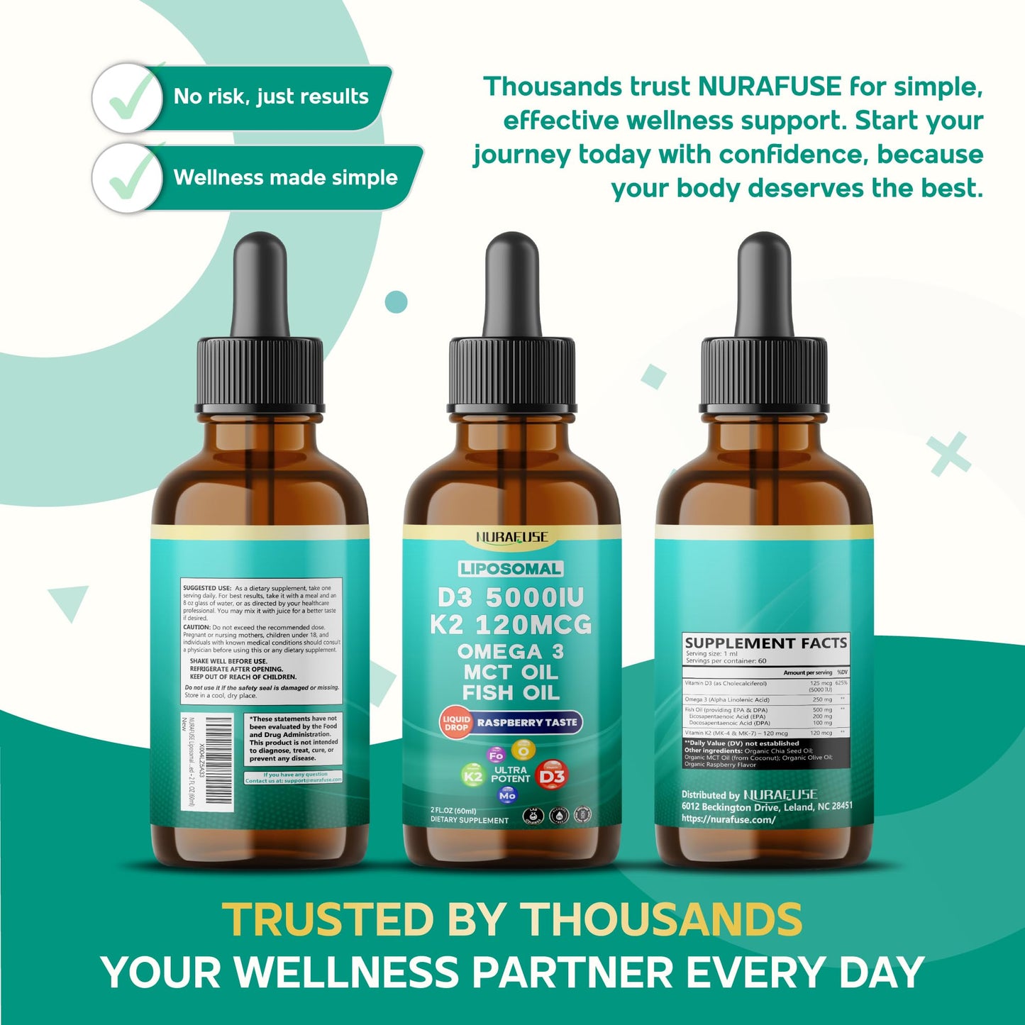 NURAFUSE Liposomal D3-K2-Omega Drops | 5000IU D3, 120mcg K2, Raspberry Flavor | USA Made, 2 fl oz