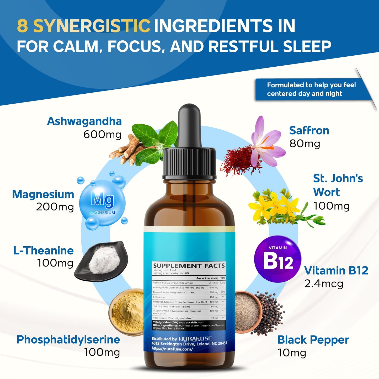 NURAFUSE Liposomal Cortisol Shield, 60ml (2 FL OZ) – USA Made with Ashwagandha, Magnesium, L-Theanine, Phosphatidylserine, St. John’s Wort