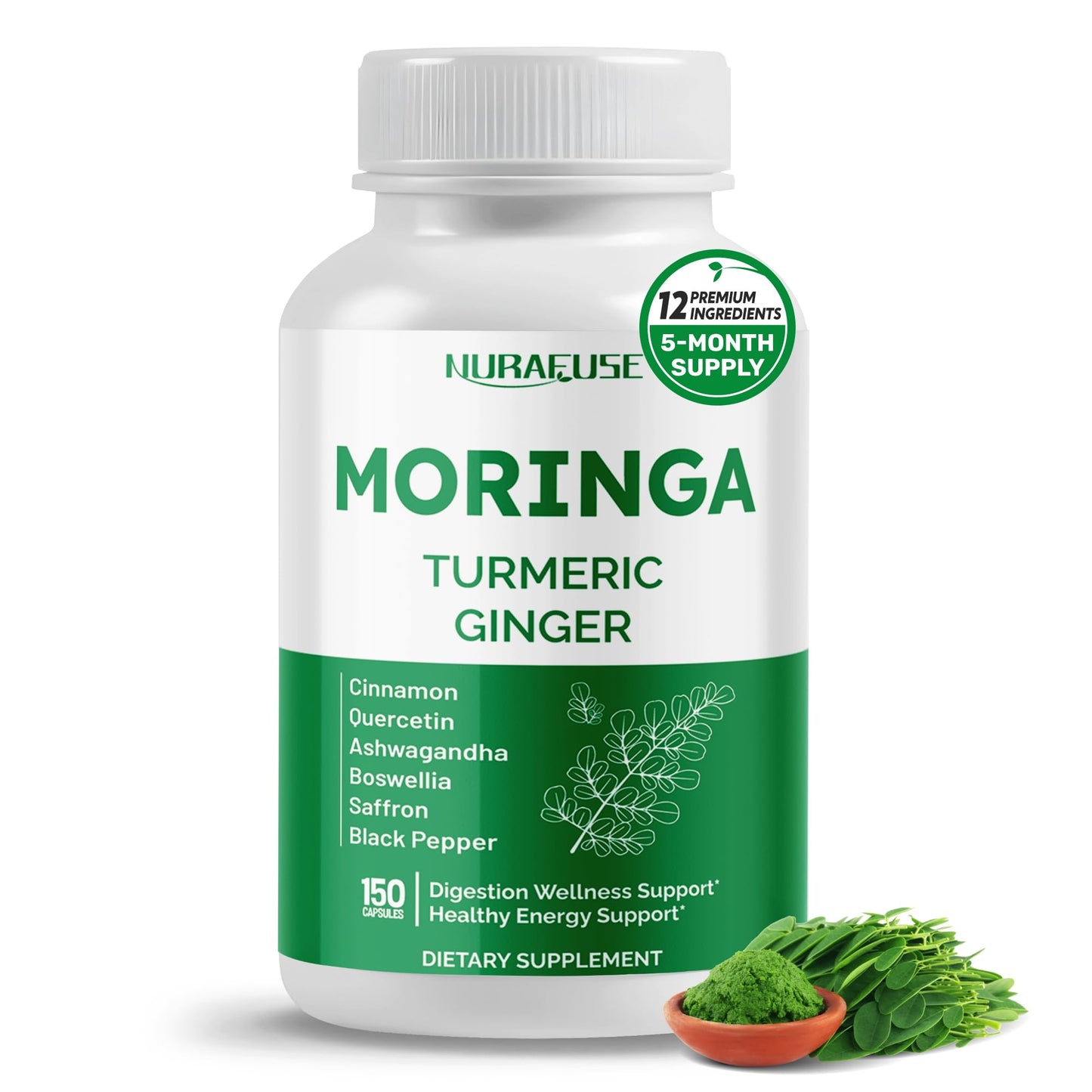 Moringa 12-in-1 Supplement with Turmeric, Quercetin & Cinnamon – Made in USA | Nurafuse