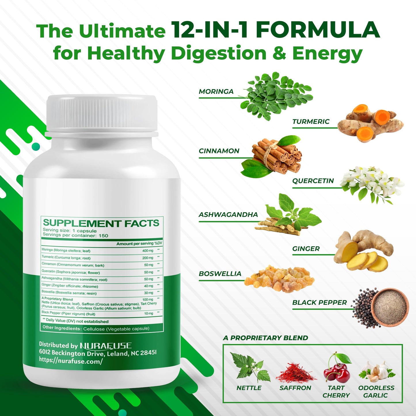 Moringa 12-in-1 Supplement with Turmeric, Quercetin & Cinnamon – Made in USA | Nurafuse
