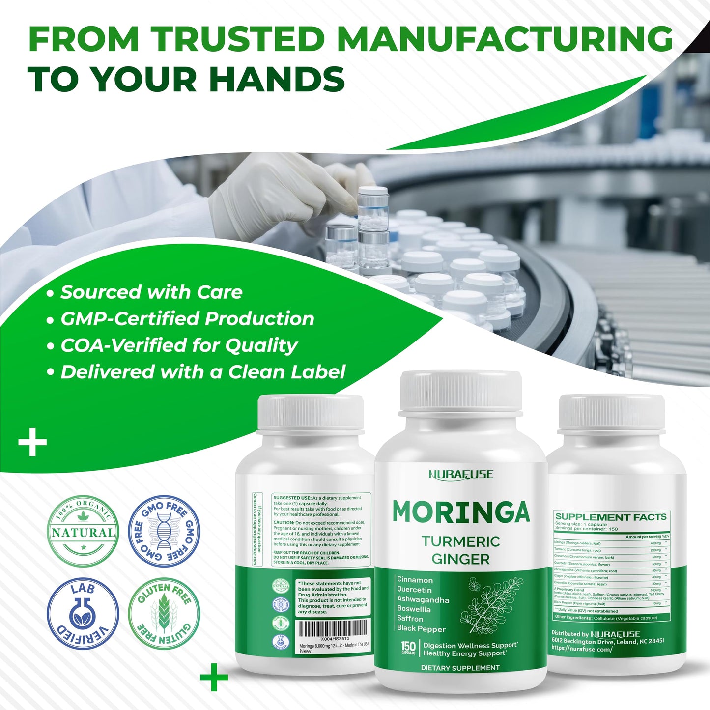 Moringa 12-in-1 Supplement with Turmeric, Quercetin & Cinnamon – Made in USA | Nurafuse