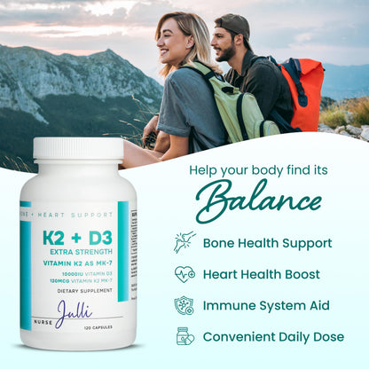 Nurse Julli Vitamin K2 + D3 MK-7 - Extra Strength, 120 Capsules