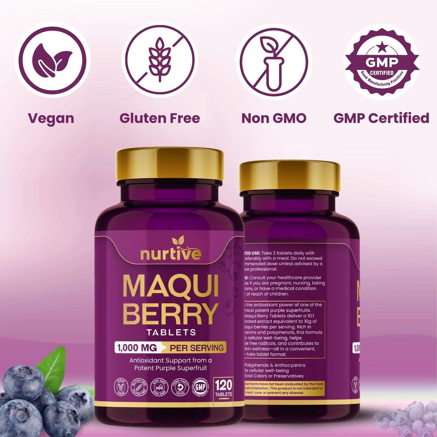 NURTIVE Maqui Berry Tablets - 1000 mg/Serving, 120 Tablets, 10:1 Extract | Vegan & Gluten-Free