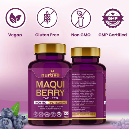 NURTIVE Maqui Berry Tablets - 1000 mg/Serving, 120 Tablets, 10:1 Extract | Vegan & Gluten-Free