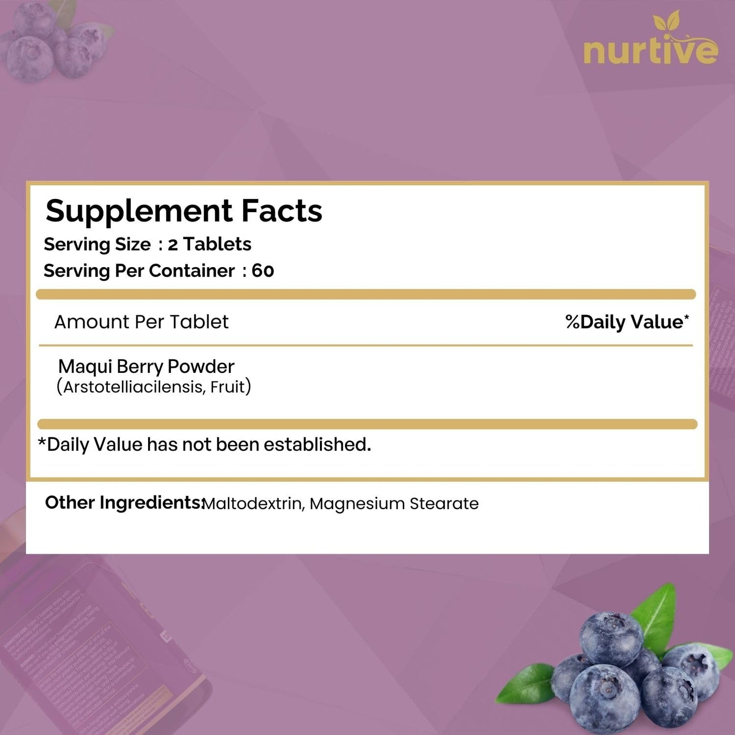 NURTIVE Maqui Berry Tablets - 1000 mg/Serving, 120 Tablets, 10:1 Extract | Vegan & Gluten-Free