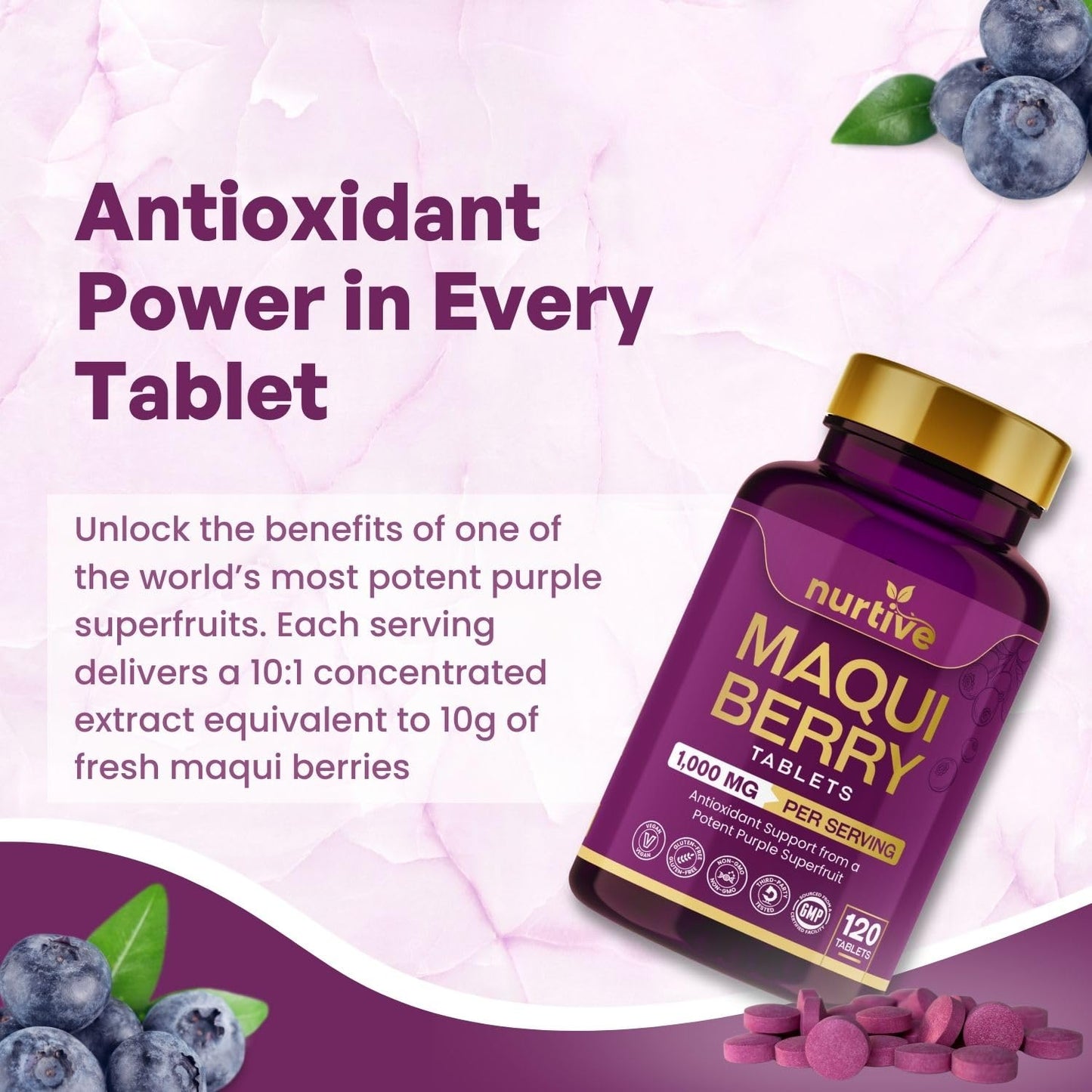 NURTIVE Maqui Berry Tablets - 1000 mg/Serving, 120 Tablets, 10:1 Extract | Vegan & Gluten-Free