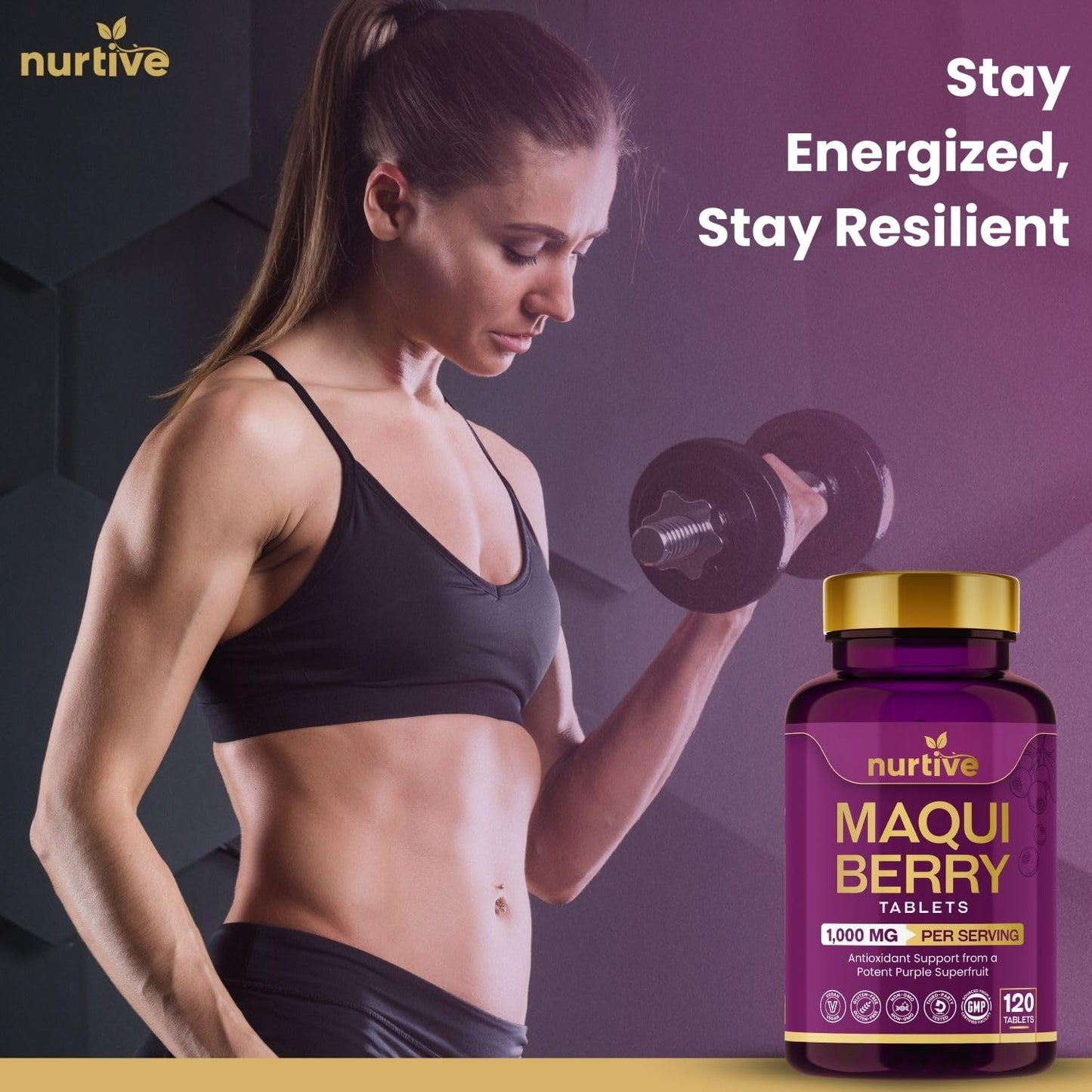 NURTIVE Maqui Berry Tablets - 1000 mg/Serving, 120 Tablets, 10:1 Extract | Vegan & Gluten-Free