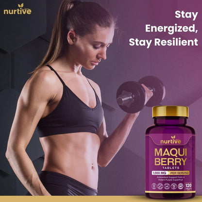 NURTIVE Maqui Berry Tablets - 1000 mg/Serving, 120 Tablets, 10:1 Extract | Vegan & Gluten-Free