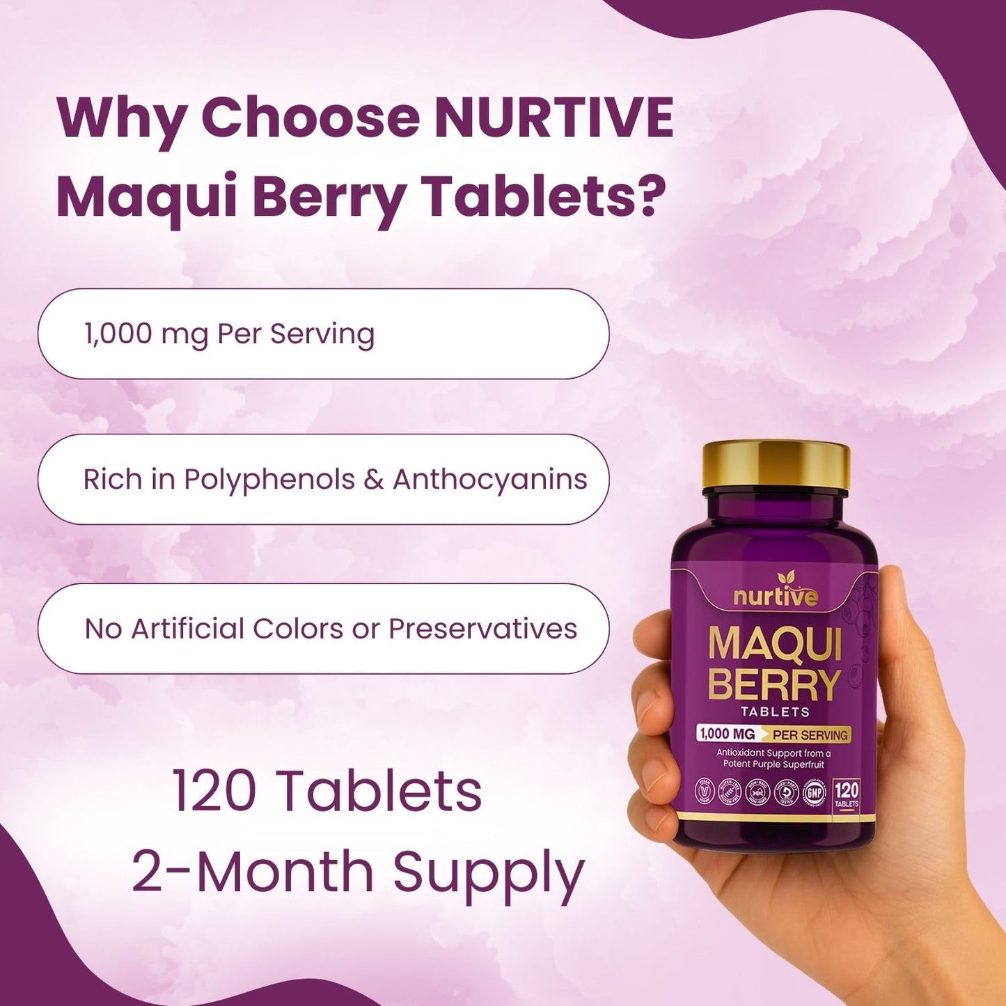NURTIVE Maqui Berry Tablets - 1000 mg/Serving, 120 Tablets, 10:1 Extract | Vegan & Gluten-Free