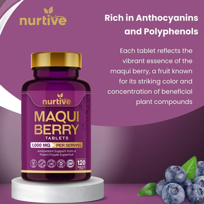 NURTIVE Maqui Berry Tablets - 1000 mg/Serving, 120 Tablets, 10:1 Extract | Vegan & Gluten-Free